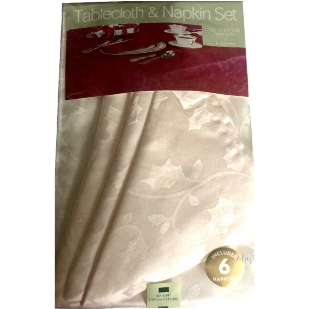 Christmas Ivory Tablecloth 60x84 Plus 6 Napkins Embossed Holly Leaf Berry Damask